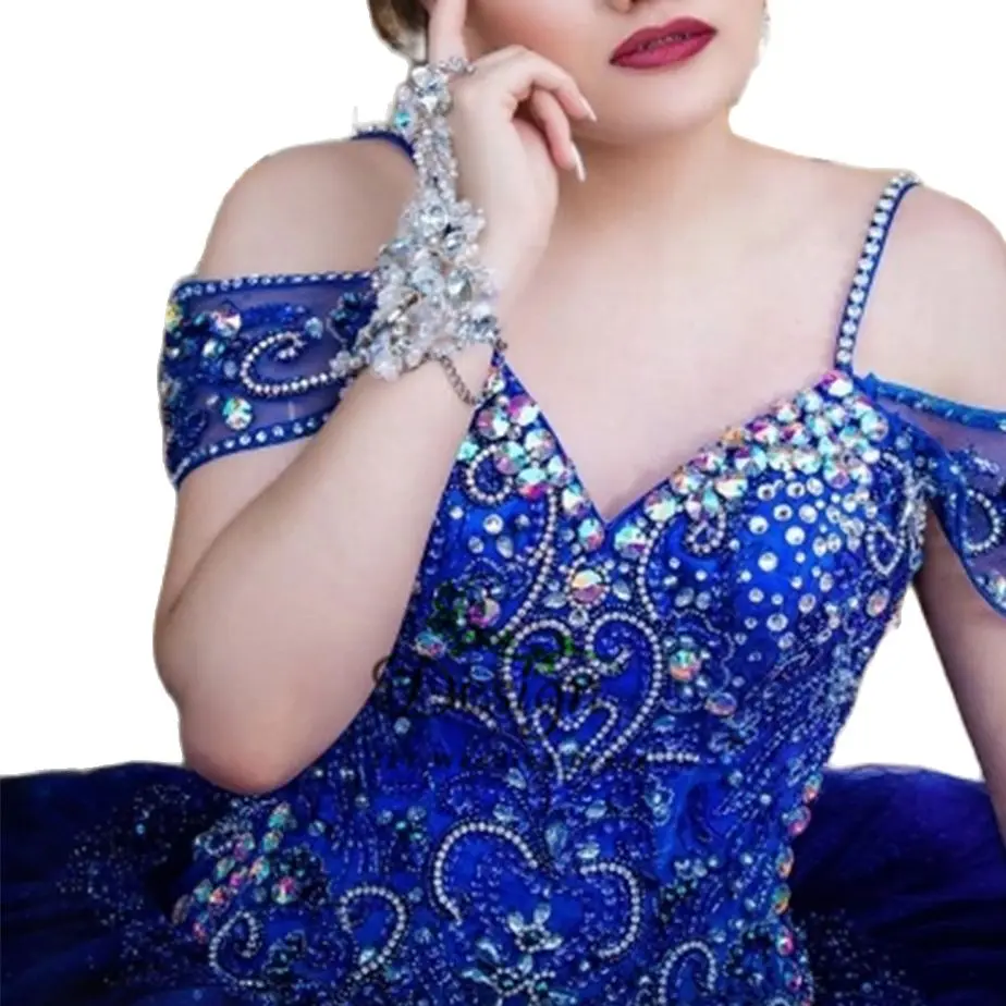 

Excellent Blue Tulle Crystals Beading Rhinestones Off The Shoulder Vintages V-neck Ball Gown Custom-Made Quinceanera Dresses