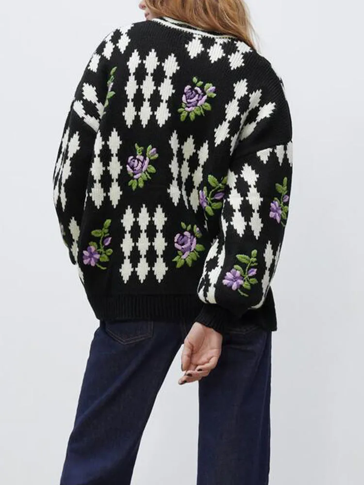 Женский жаккардовый свитер ZA трикотажный пуловер с круглым вырезом и цветочной