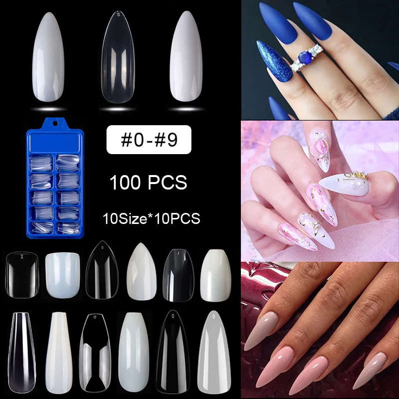 100 штук в коробке миндаля накладные ногти-стилеты ногти длинные Длина 10 Размеры 3