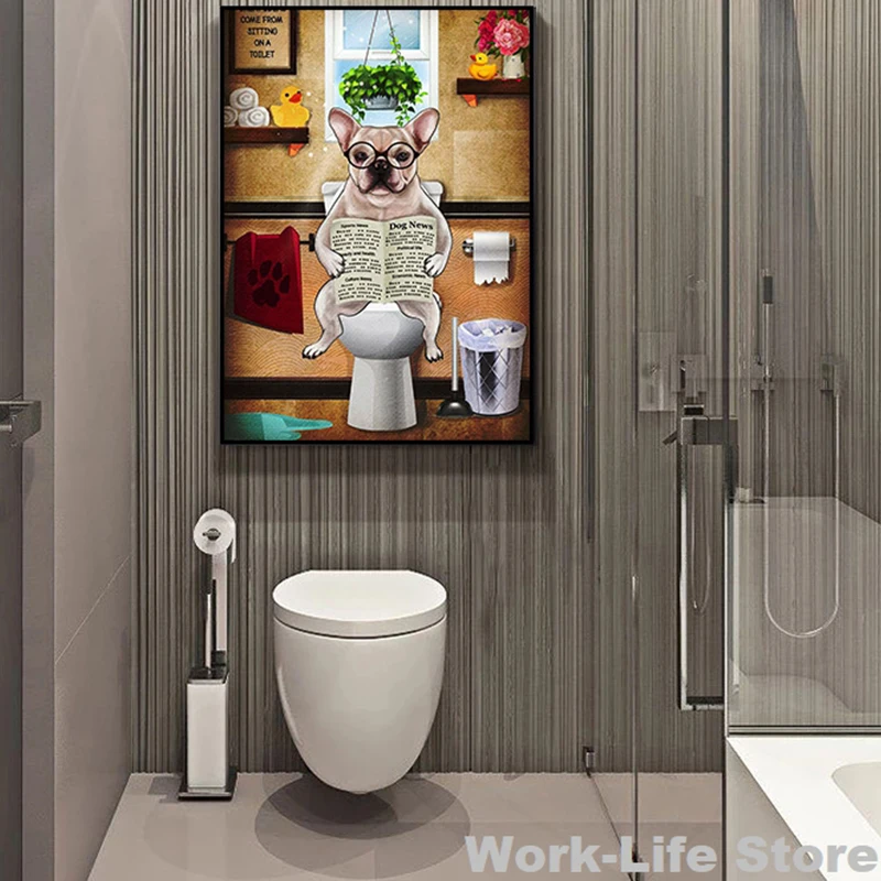 Картина на холсте с изображением собаки газеты для чтения плакат унитаз