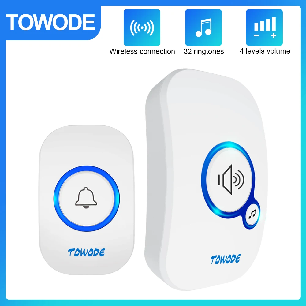 TOWODE Home Wireless Doorbell 433Mhz Welcome Friend Smart Doorbell 150Meters Long Distance 32 Songs 4 Level Volumes Door Chimes