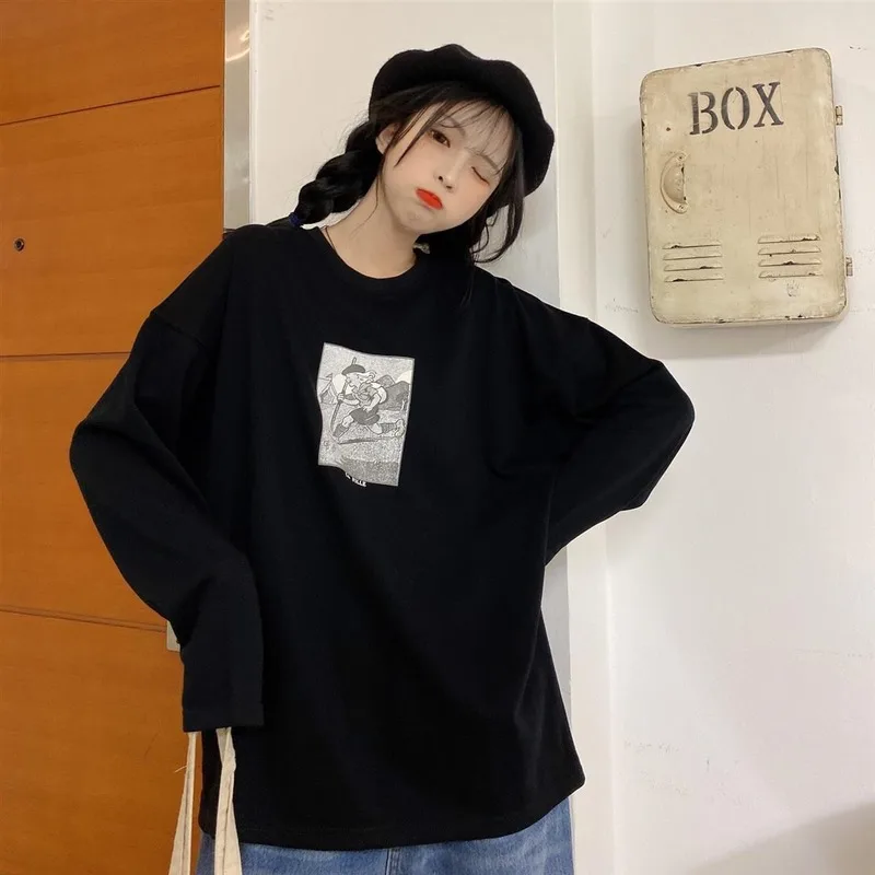 Футболка женская с длинным рукавом свободный хлопок Повседневная Элегантная