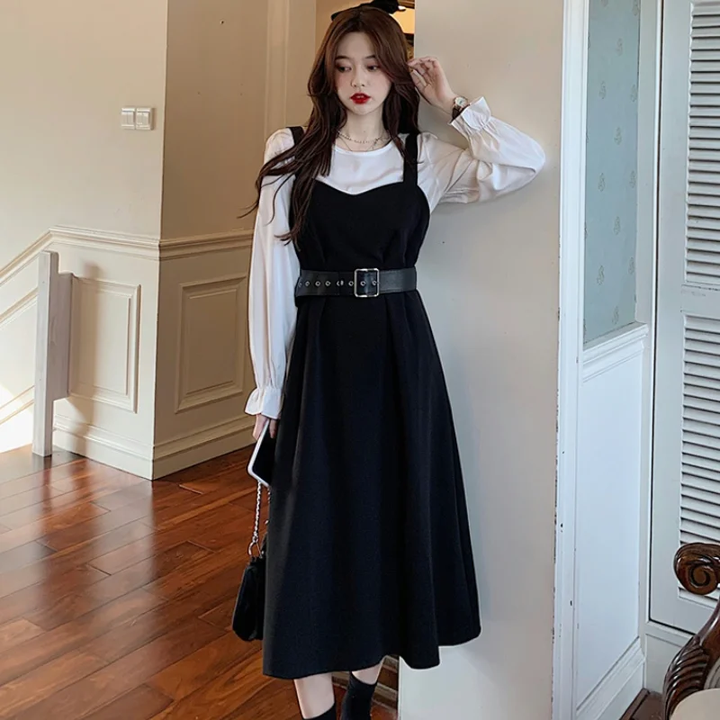 

Женское платье, осень 2021, корейская мода, элегантное платье на бретелях в стиле ретро и белая Простая рубашка, костюм-тройка