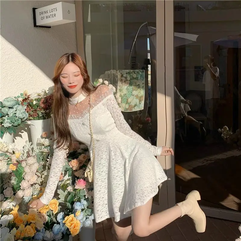 

Sweet Elegant Fairy Dress Women Spring Lace Patchwork Party Mini Dress Female Slim French Japanese Kawaii Korean Dress Women New