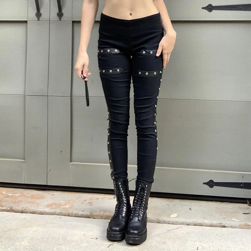 

Punk Style Women's Solid Color Slim-fitting Casual Pants Zipper Button Design Trousers Zipper Stitching Beaded Skinny Pants