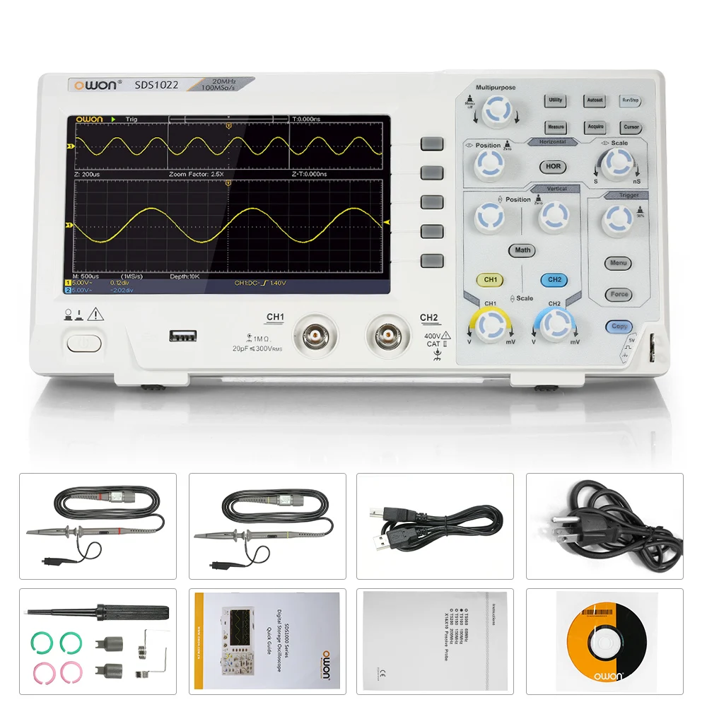 Owon SDS1022 осциллограф Oscillometer цифровой запоминающий 2CH 20 МГц 100 мс/с 7 "ЖК дисплей