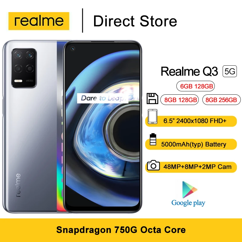 

Realme Q3 5G Smartphones 6.5" FHD+ 120HZ Snapdragon 750G Octa Core 128GB ROM 48MP Camera 30W Fast Charger Android 11 Cell Phones