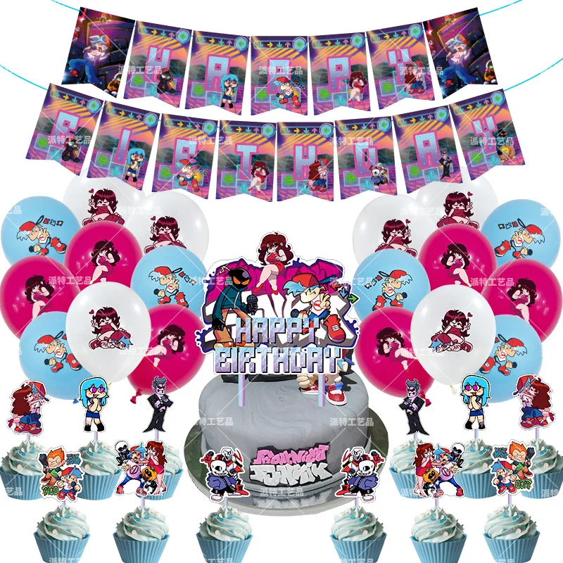 

1Set Friday Night Funkin Latex Balloon Pull The Flag Cake Topper Kids Birthday Party Decoration Baby Shower Banner Globos