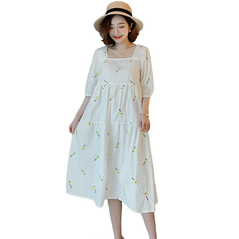 

2021 Summer New Bohemian Floral Embroidered Floral Dress Puff Sleeve Square Collar Lightweight Mini Cotton White Dress Women