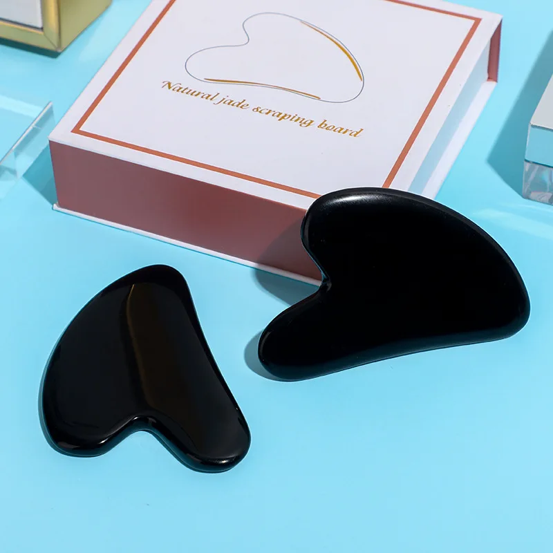 

Массажер для лица из натурального черного обсидиана, Нефритовый камень для подтяжки лица, гуаша, скребок для шеи