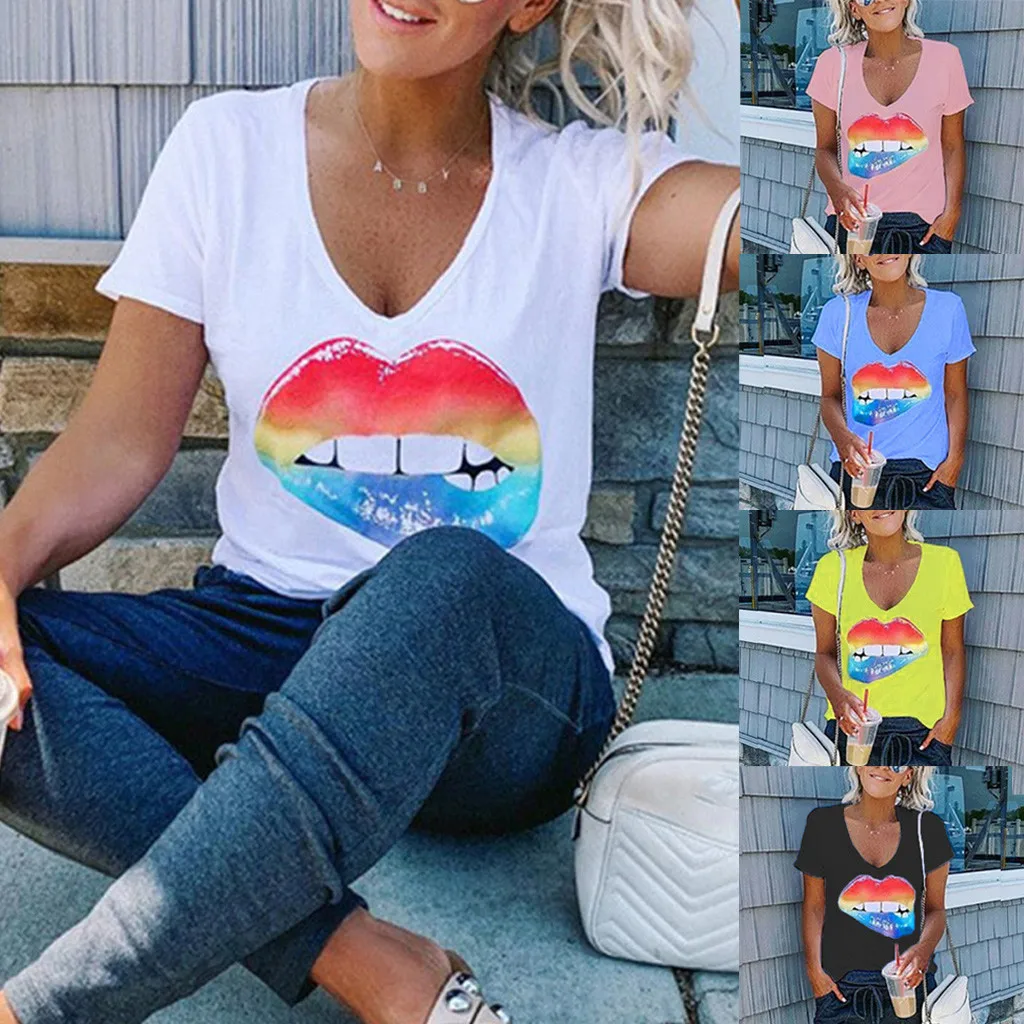 

Women's Blouse Oversized T-shirt Fashion Colorful Lips Pattern O-Neck Short Sleeve Crop Top Summer Female Blouse Tops