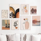 Однолинейная картина с изображением лица, Минималистичная Настенная картина с изображением девушки на спине, холст с изображением листьев, абстрактная печать, нордическая картина, домашний декор