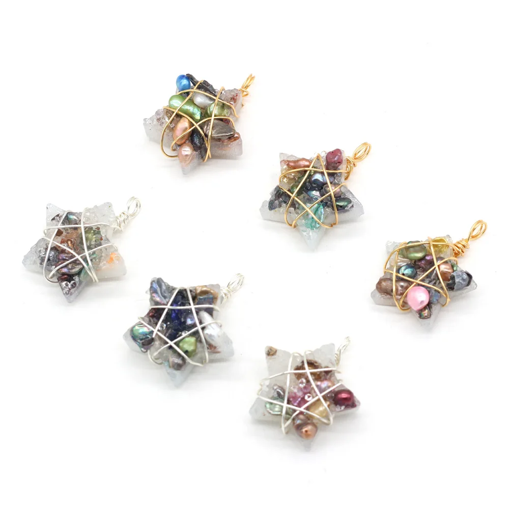 

1pcs Natural Stone Five Pointed Star Crystal Pearl Pendant for Jewelry Making Necklace Earring Accessories Women Gift 27x32mm