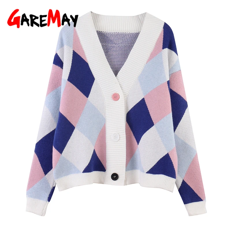 Зимний вязаный женский кардиган Осенний Зеленый Клетчатый свитер с v-образным