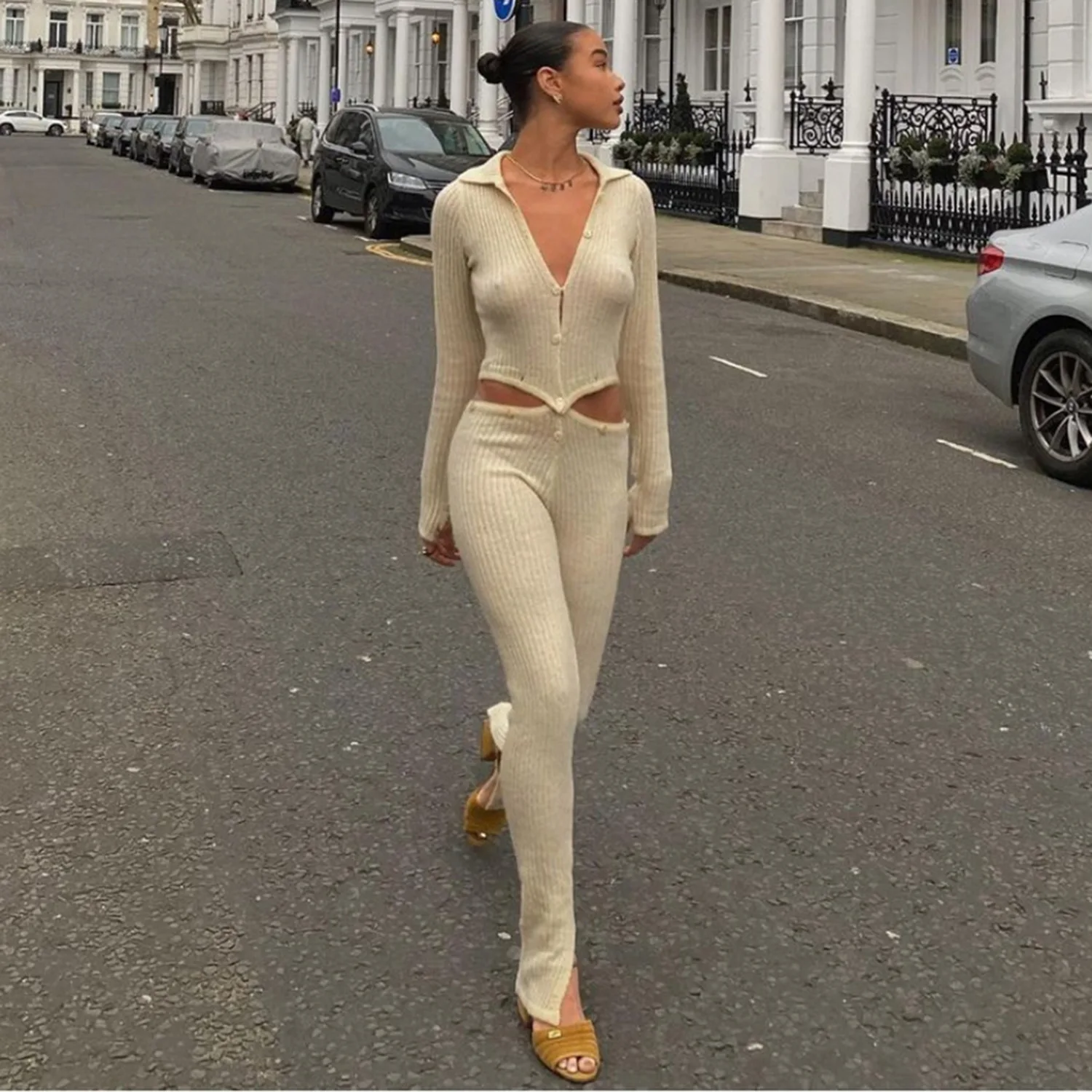 

Knitted Bodysuit Skinny Ribbed Jumpsuits fall Winter Casual Two Piece Set Women streetwear Long Sleeve Bodycon Women's Jumpsuit