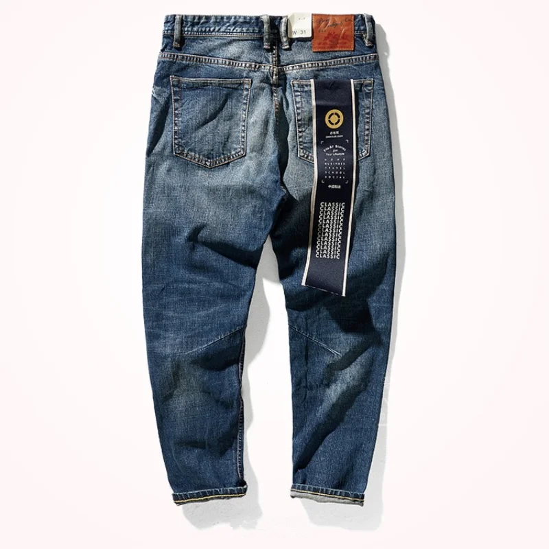 Japanese-Style Retro Jeans Men 's Autumn and Winter Thick Stretch Worn Looking Washed-out Straight -Leg Denim Trousers