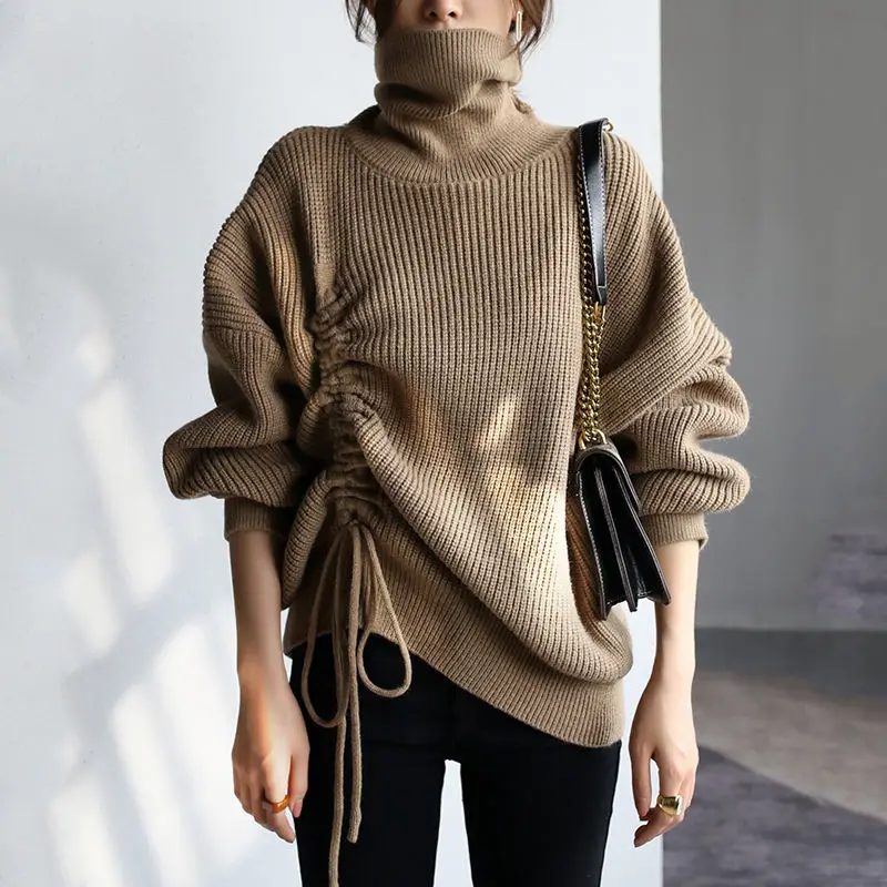 

2021 Autumn Casual Khaki Turtle Neck Loose Soft Minimalist Long Sleeve Drawstring Loose Pullover Knitting Sweater