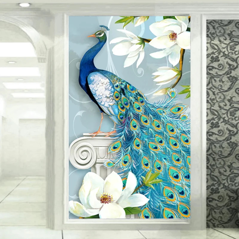 Настенные 3D обои на заказ павлин цветы прихожая коридора зала украшение для