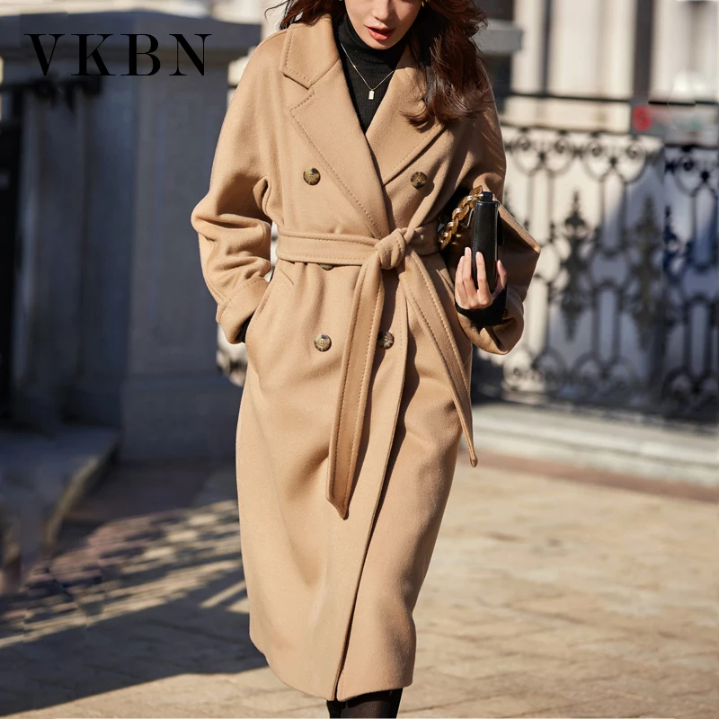 

Женское длинное шерстяное пальто VKBN, двубортное пальто из 100%-ной шерсти с отложным воротником и длинным рукавом на осень и зиму