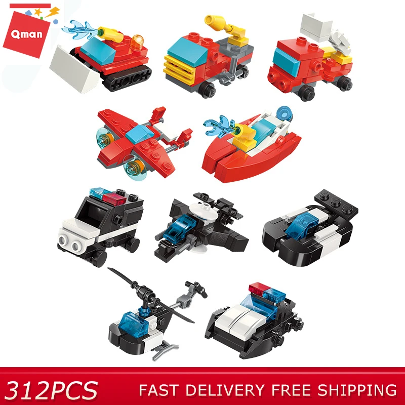 

Qman Building Blocks Toy 327pcs Police Station Fire Car Plane Educational Toys Children Mini Blocks Model Building Kits Gifts