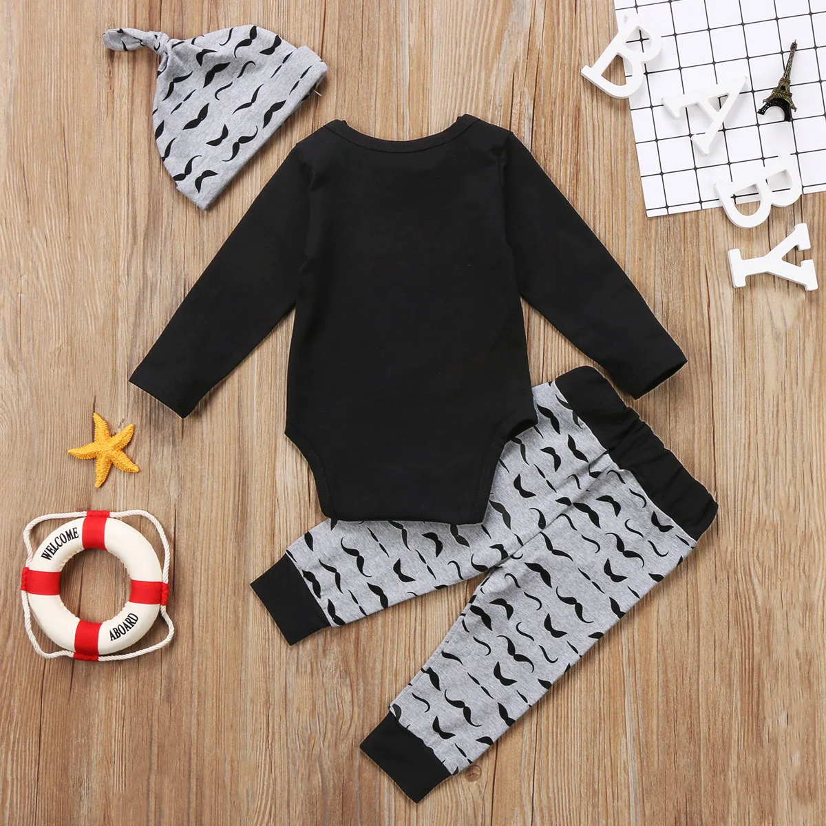 Комплект из 3 предметов Одежда для новорожденных мальчиков с изображением усов и