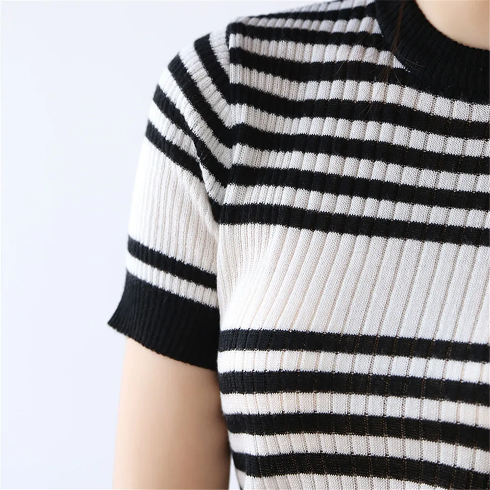 

Women Fashion Short Sleeve Round Neck Striped Sweater High Quality Office Lady Korean Style Slim Fit Casual Knitwear Casual Tops