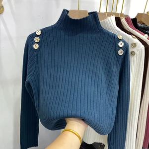 Real Shot 2021  Autumn Winter Long Sleeve Thickened Core Spun Yarn Solid Color Semi High Neck Knitted Sweater For Women