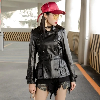

Top and Winter Autumn New Leather Fashion Double-breasted Sheep Leather Trench high quality