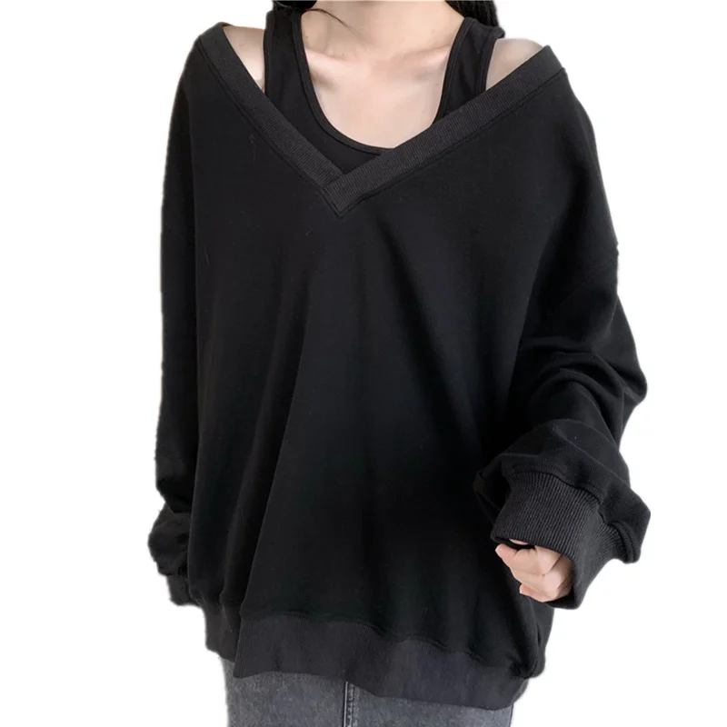 

2021 Autumn 2 Pieces Harajuku Pullover Hollow Out Shoulder Deep V Neck Oversized Sweatshirt Women Casual Loose Daily Hoodies