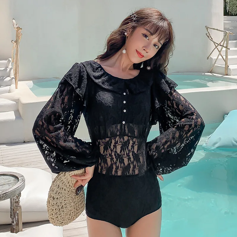 

Новинка, черный кружевной купальник с длинным рукавом, кукольный воротник, Ретро стиль, высокая талия, бикини, женский купальник, Женский це...