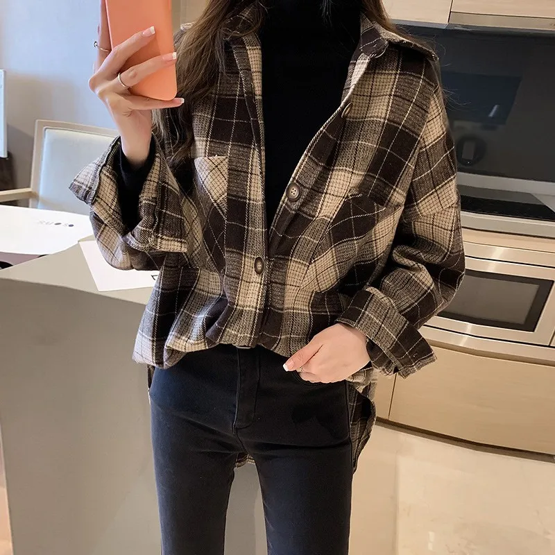 

Autumn Retro Casual Plaid Loose Long Style Long Sleeve Shirt Top Korean Style