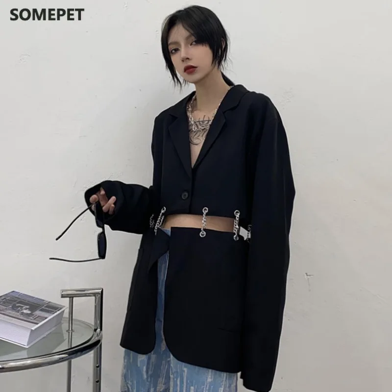 

Spring Autumn Female Sashes Black Button Turn-down Collar Long-sleeved Blazer Coat Single Breasted Loose Blazer Top