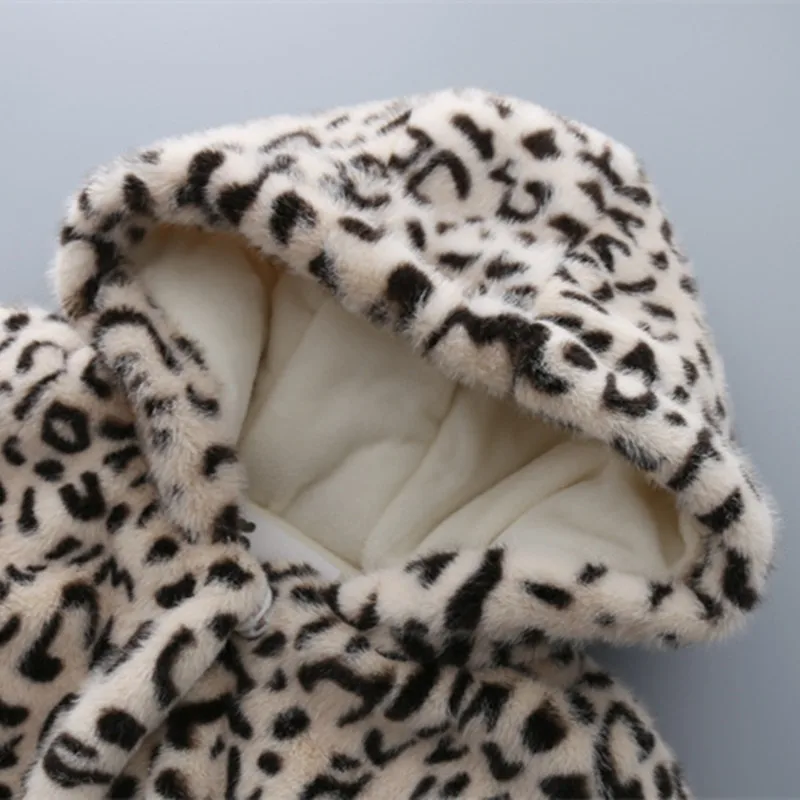 

DFXD New Arrival Winter Kids Girl Faux Fur Coats Fashion Long Leopard Fleece Hooded Outwear Warm Clothes Plus Velvet For 1-4Yrs