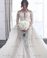 luxury mermaid floor length bride gowns with detachable train wedding dresses v neck white eleglant lace custom robe de mari%c3%a9e