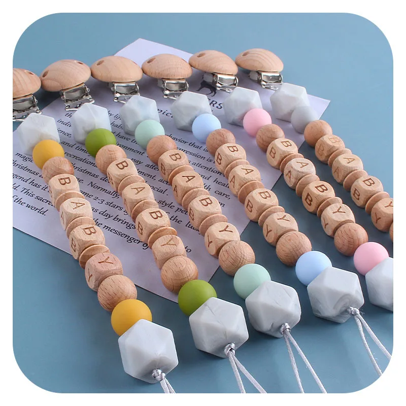 Coskiss de silicona DIY beb&eacute; Clip de madera para chupete y madera de haya alfabeto Cadena de chupete dentici&oacute;n del beb&eacute; suave juguetes de regalo-2