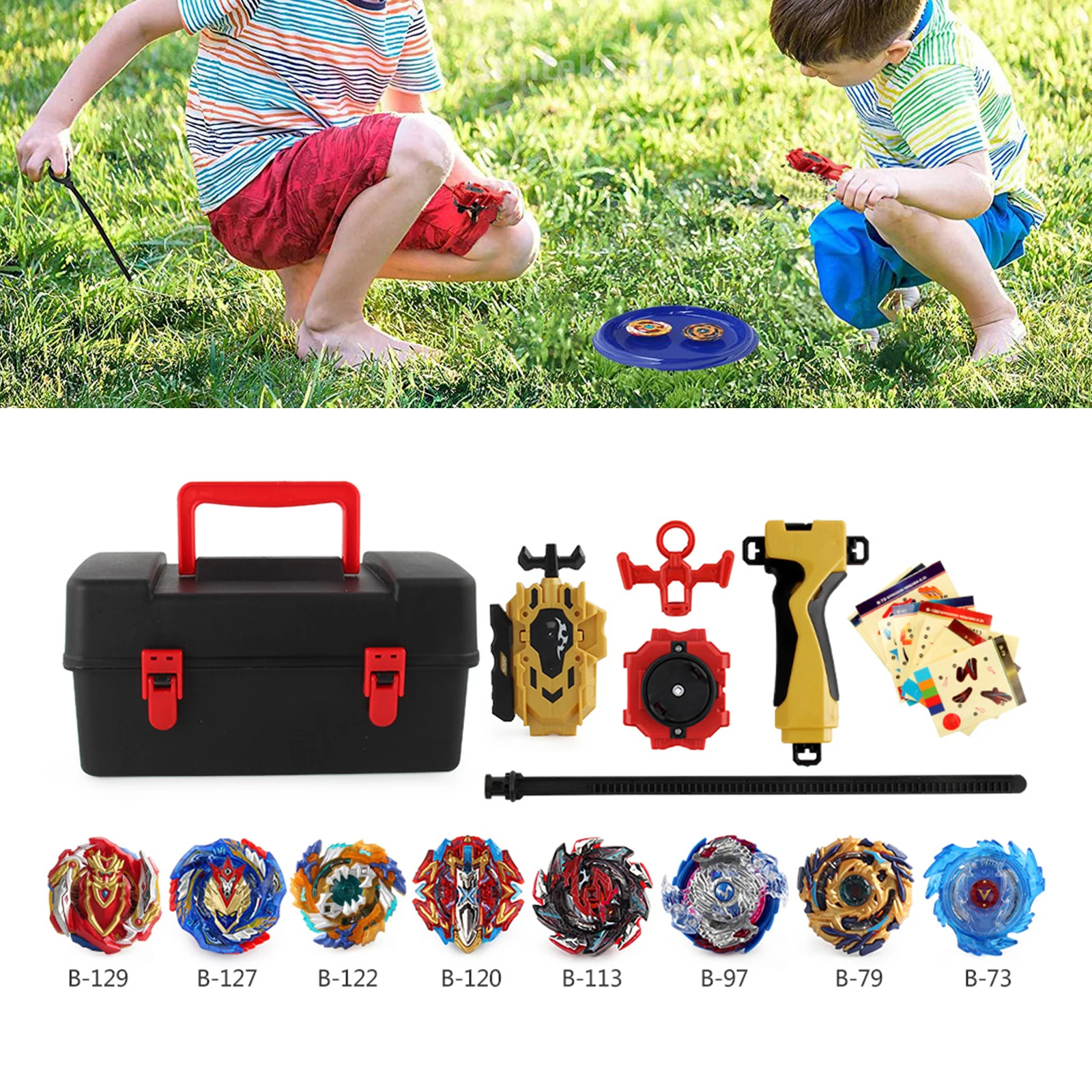 

8pcs Spinning Top Toy Metal Funsion Burst Gyro Top + Storage Box Toys Gifts