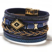 european and american style pop exaggerated eyes rice beads hand woven leather bracelet womens simple jewelry