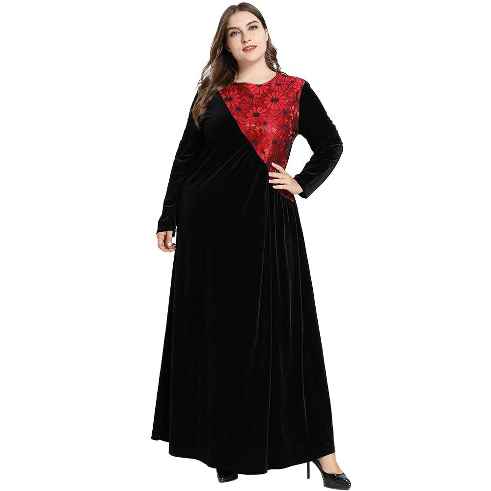 

Autumn Winter Dress Lace Floral Jacquard Patchwork Contrast Color Long Sleeve O-neck Muslim Velvet Maxi Long Dress Women TA9261