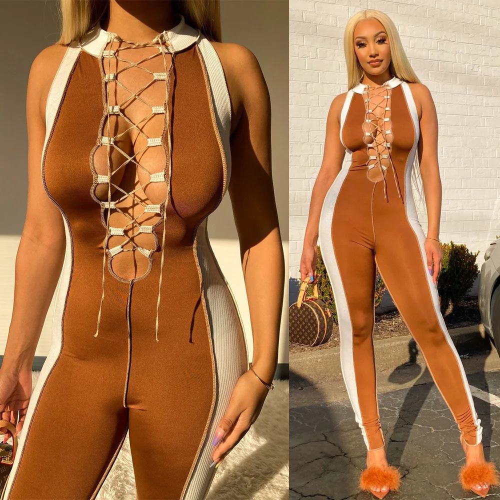

Women's Jumpsuits Stitched Crash Colored Strap Tight Sexy Hollow Out Bodycon Bodysuit Ladies Skinny Overall One Piece Outfits
