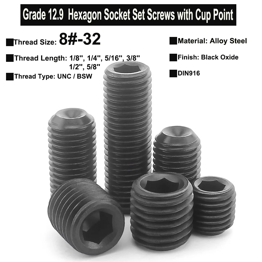 

10Pcs 8#-32x1/8"~5/8" BSW UNC Thread Grade 12.9 Alloy Steel Hexagon Socket Set Screws With Cup Point Headless Screw DIN916