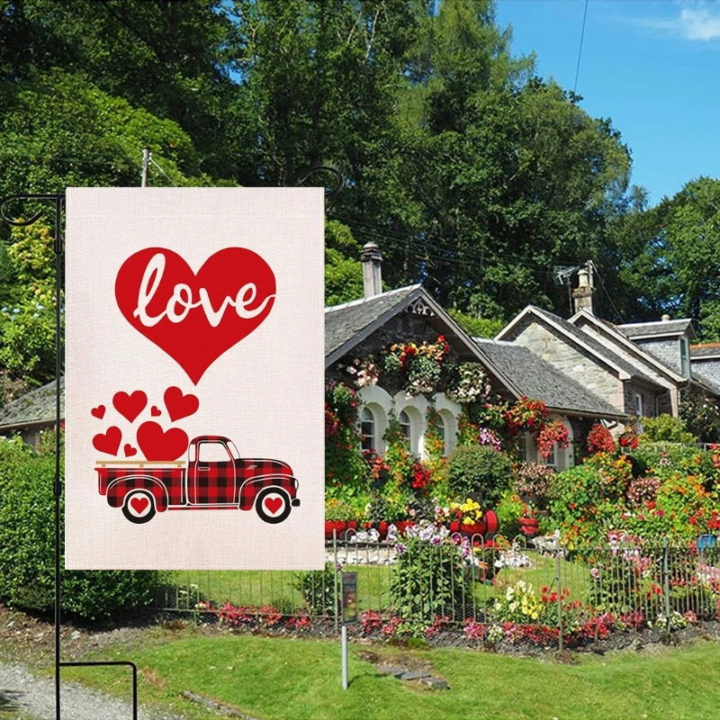 Садовый флаг на День святого Валентина двусторонний клетчатый красный буйвол с