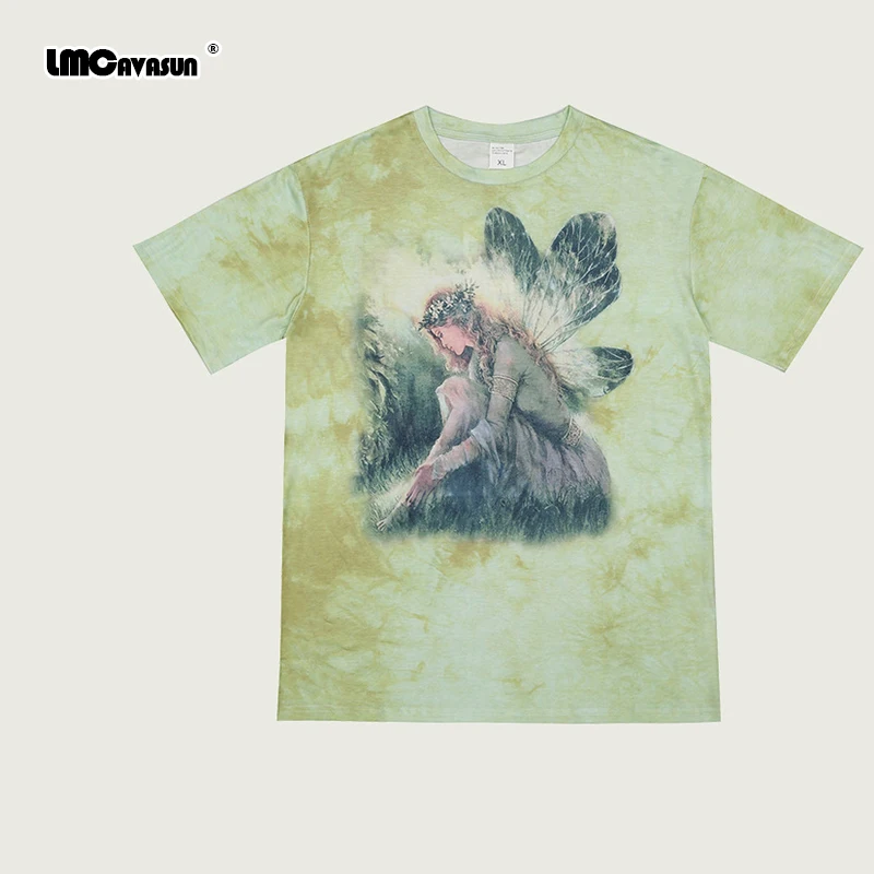 

Tie-dye short sleeve t-shirt Hip-hop loose Harajuku style short-sleeved couple T-shirt Gradient female elf printed T-shirt top