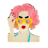 cindy xiang acrylic pink hair wear glasses girl brooch pin modern lady fashion jewelry acetate fiber material
