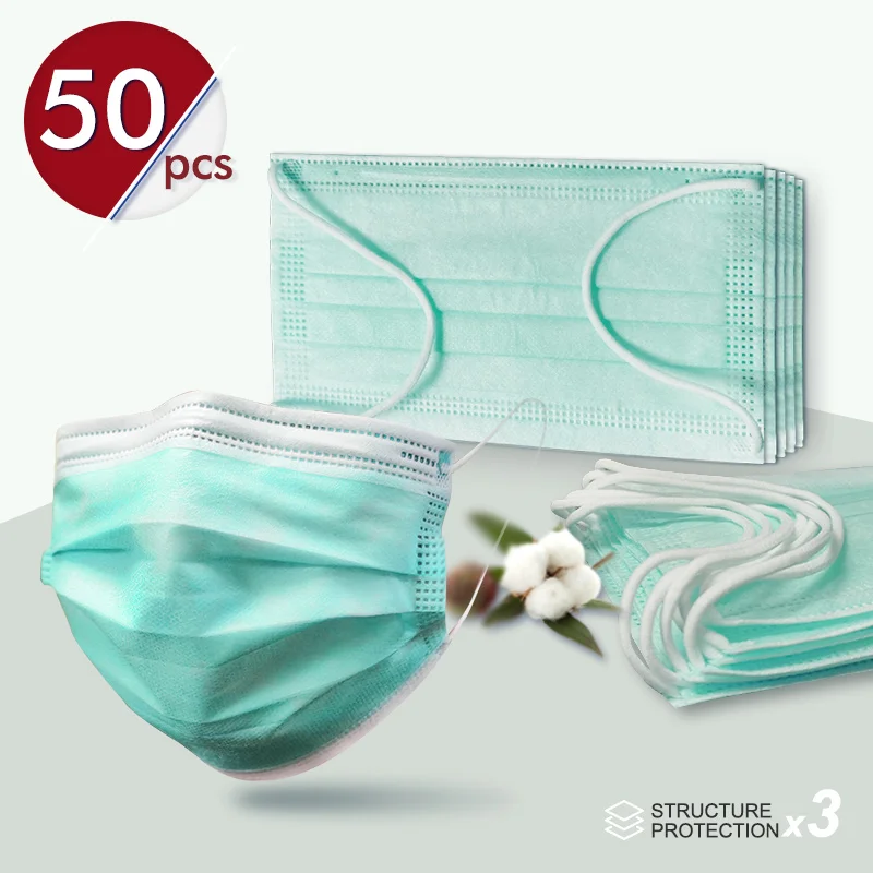 

10-200pcs Disposable Green Face Mouth Mask 3 Layers Filter Non-Woven Earloops Adult Color Masks Meltblown Cloth Breathable Gauze