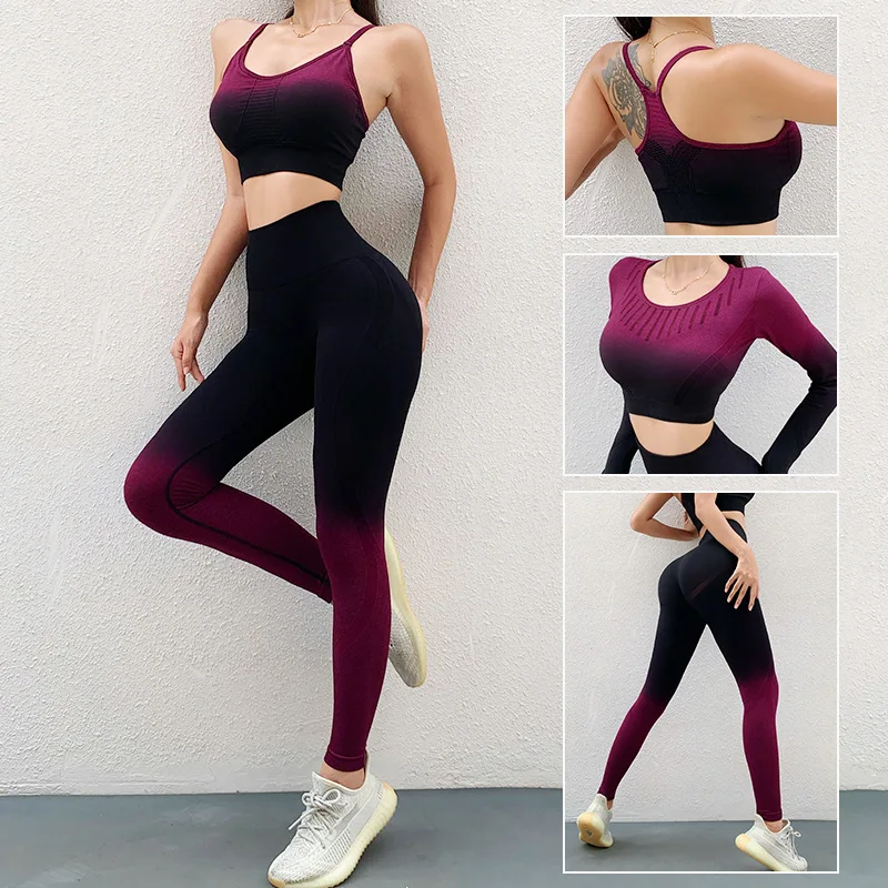 

2/3PCS Women's Tracksuit Yoga Set Female Clothing Gym Sportswear Seamless Push Up Leggings Long Sleeve Shirts Workout Sport Suit