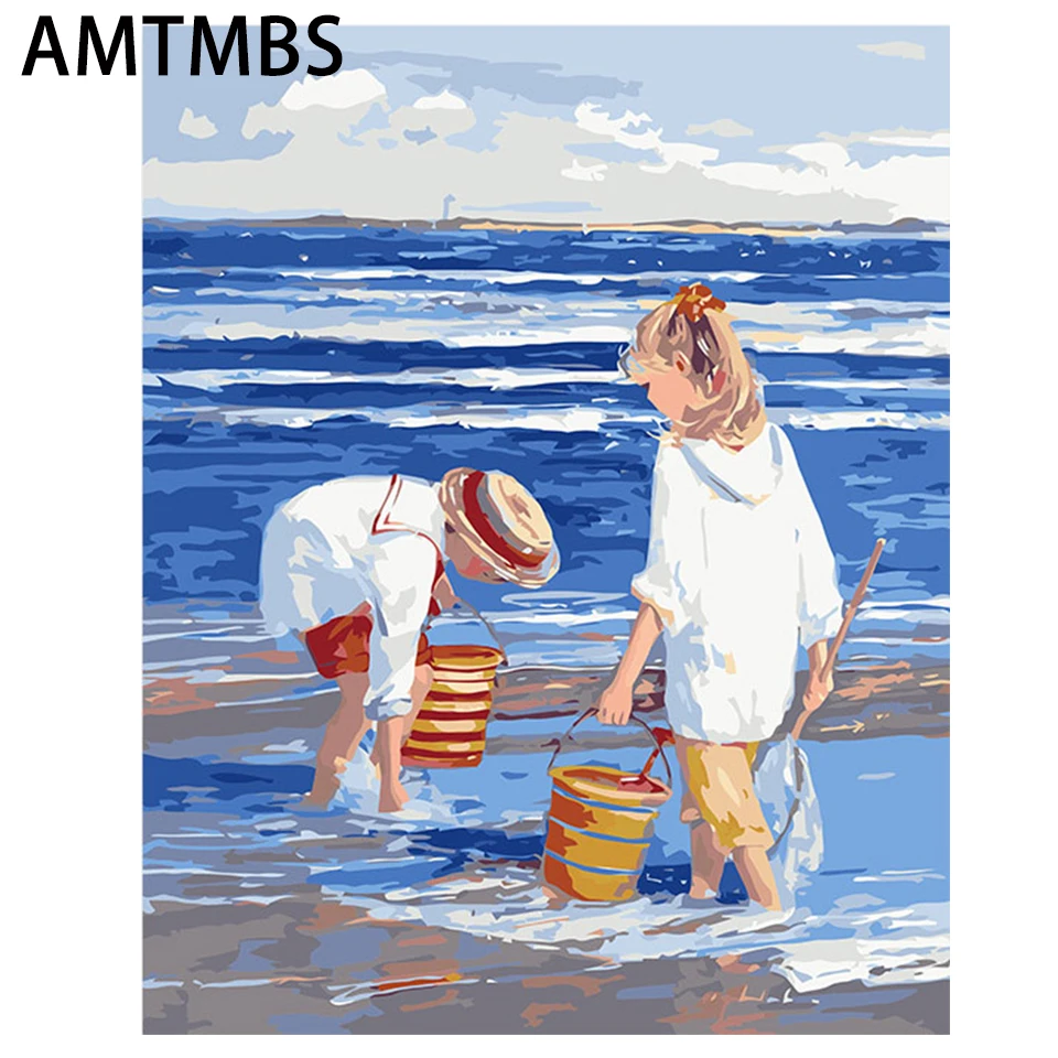 

AMTMBS Painting By Numbers Propene Pigment Blue Seaside Children Playing On The Beach Handpainted On Canvas Art Paint By Number