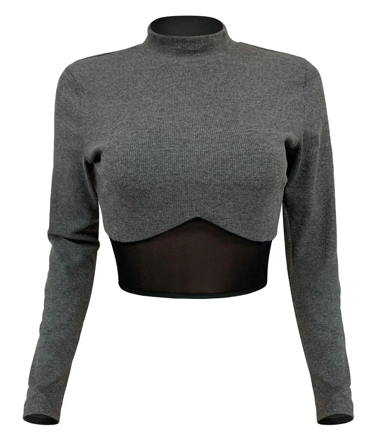 

Autumn And Winter New Sexy Women's Wear Contrast Color Patchwork Mesh Round Neck Long Sleeve T-Shirt Nightclub Doublet