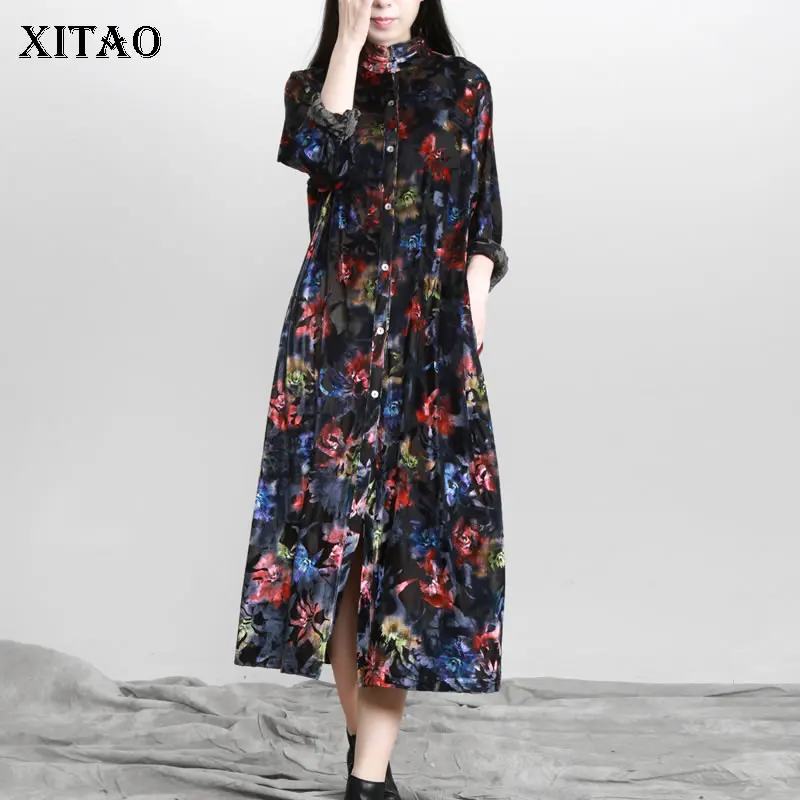 

XITAO Print Dress Fashion New Full Sleeve Pleated Hem Goddess Fan Casual Style 2021 Autumn Loose Pullover Dress Top WMD2947