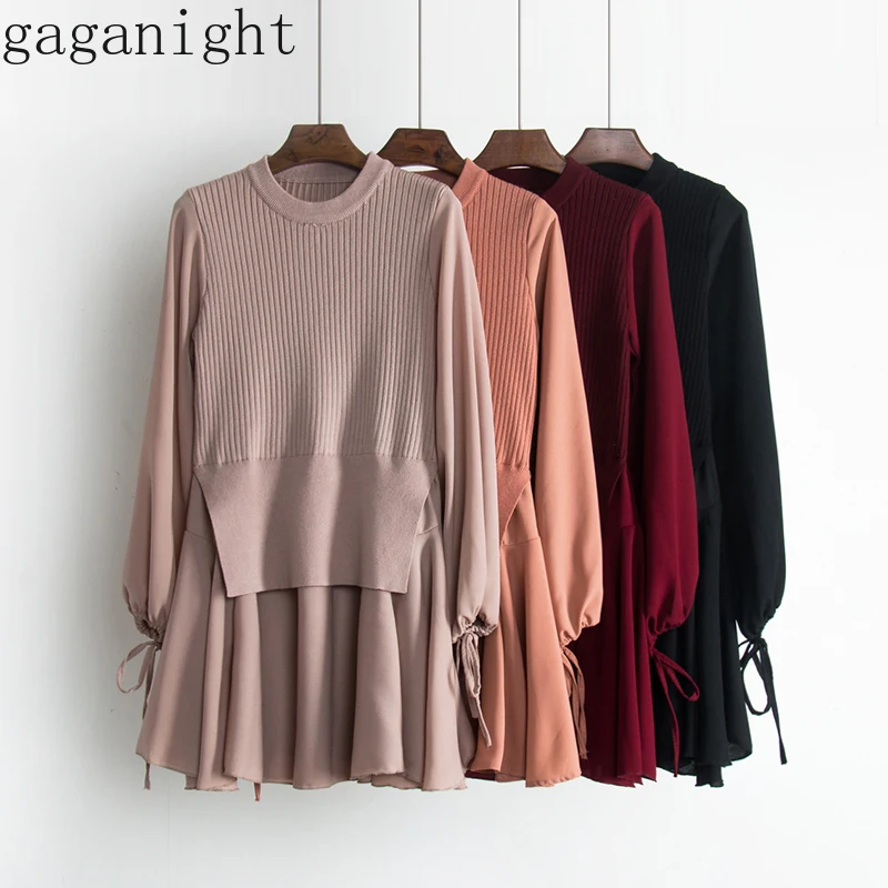 Gaganight трикотажное шифоновое лоскутное миди женское платье весна осень с длинным