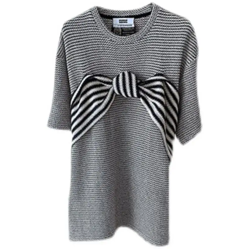 

European and American Style Bow Tie Short Sleeve Medium Length Striped T-shirt Skirt Summer New Loose Design Small Skirt